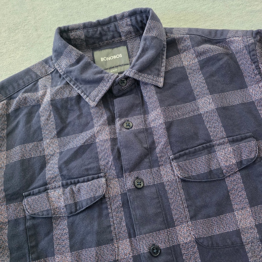 Bonobos Mens Slim Fit Plaid Flannel Shirt Purple Medium Long Sleeve